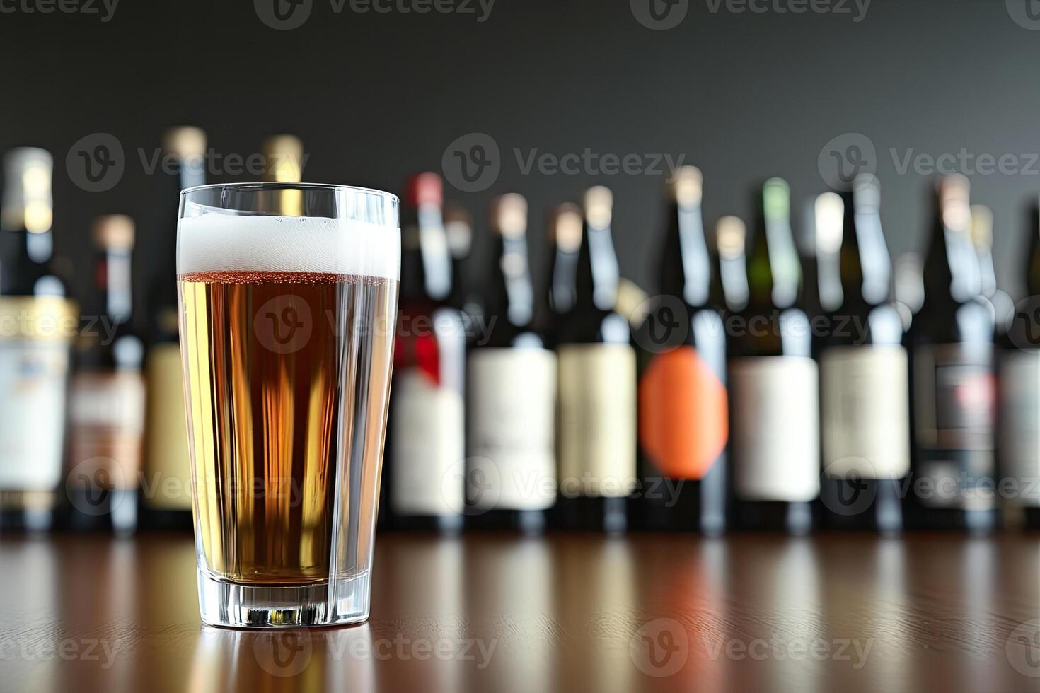 Refreshing light beer in a glass, surrounded by bottles photo