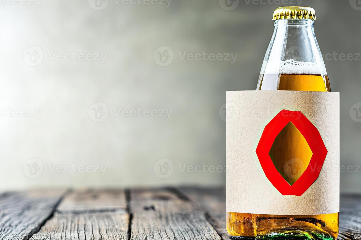 A bottle of light beer with a red paper circle label photo