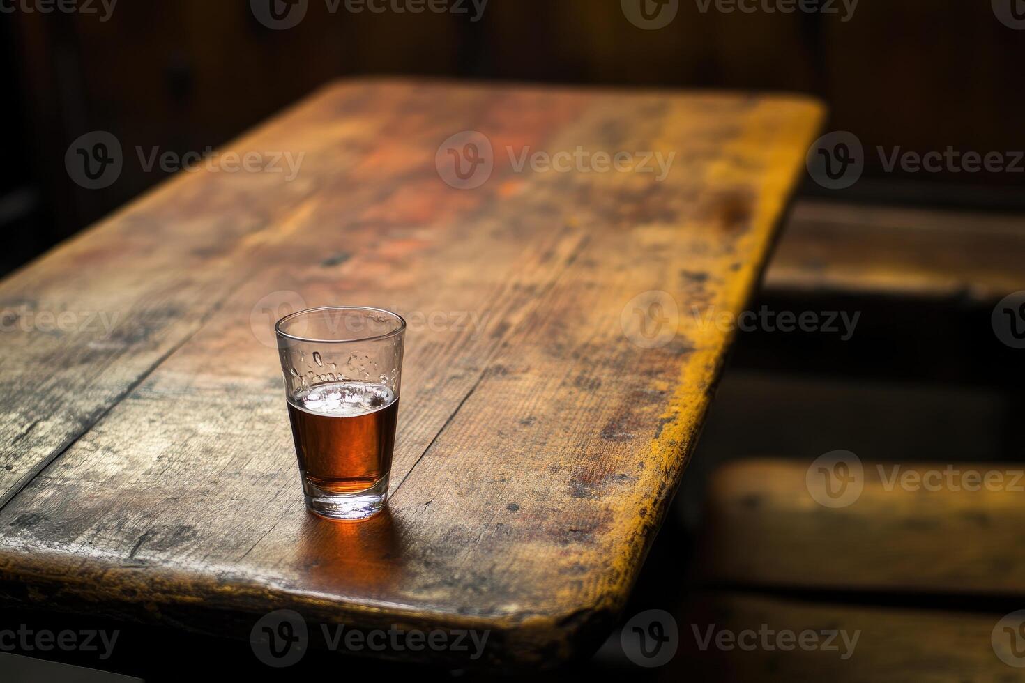 Empty glass of amber drink on a weathered wooden pub table photo