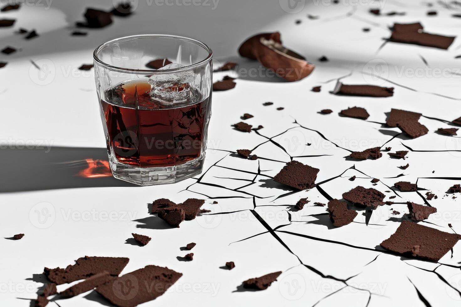 Broken pieces of dark chocolate surrounding a glass of dark drink photo