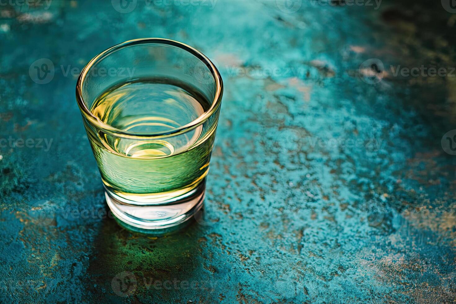Clear shot glass filled with amber liquid on a teal surface photo