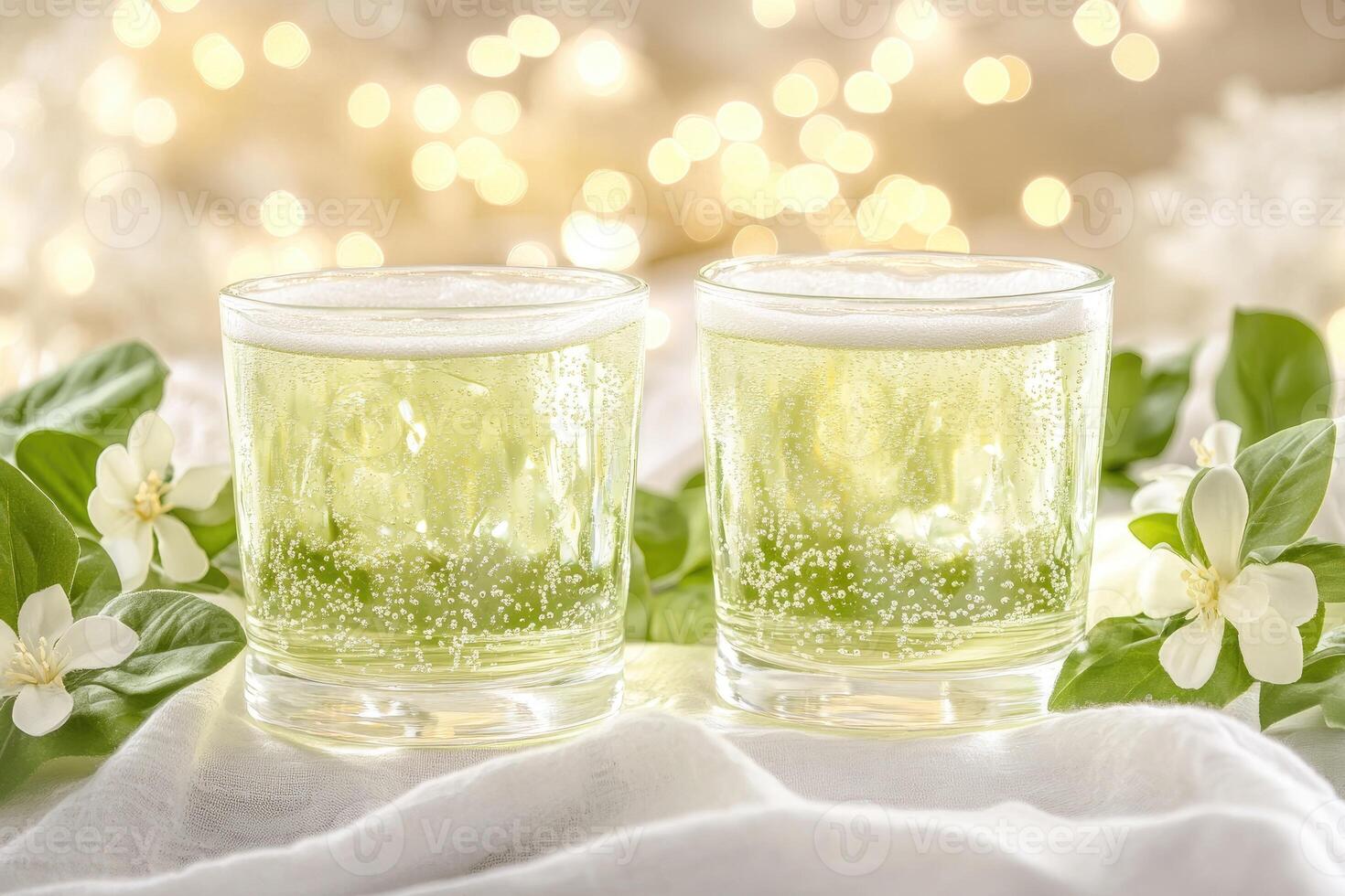Two glasses of sparkling cider with flowers photo