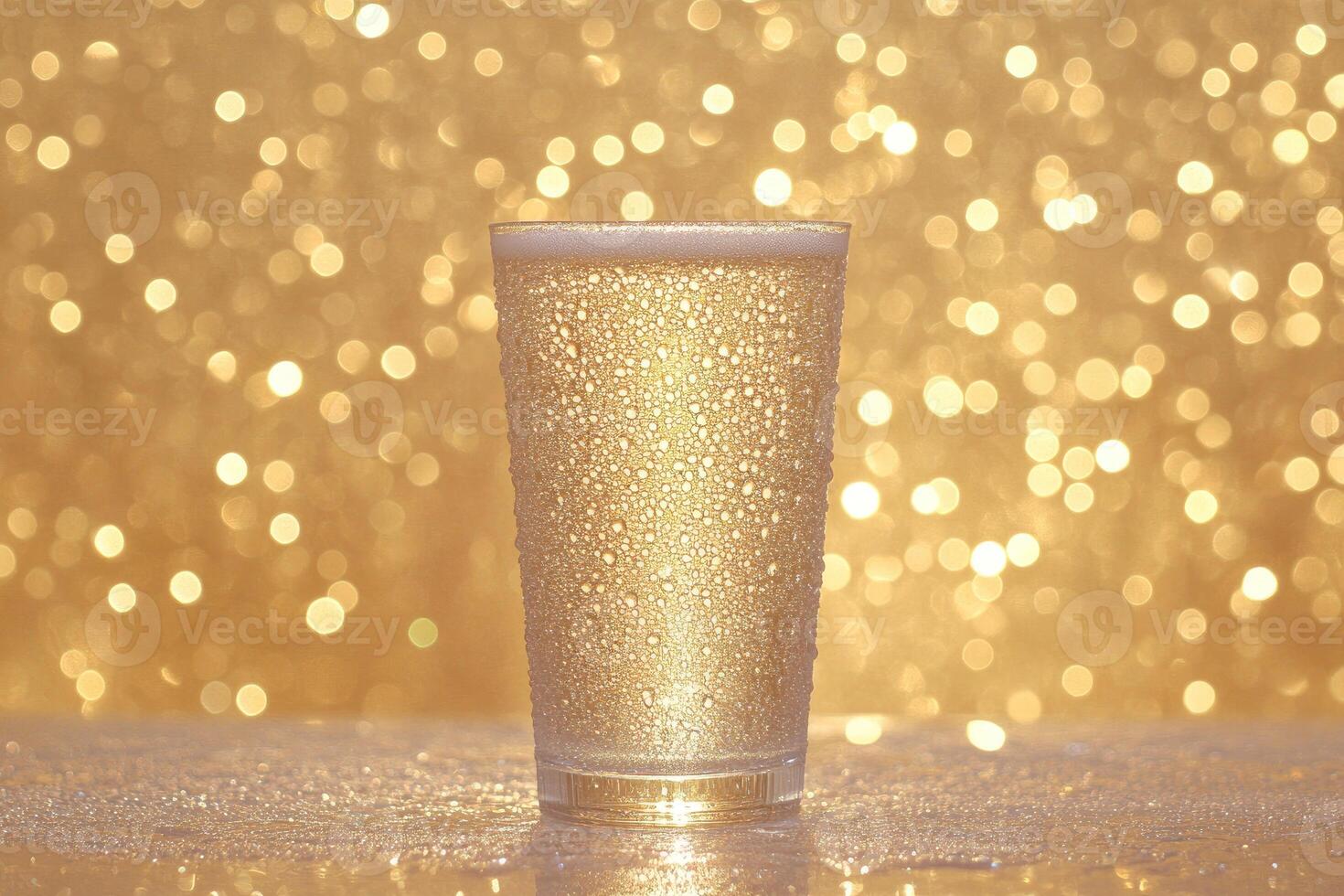 Cold drink in a glass, glistening with condensation, against a golden bokeh background photo