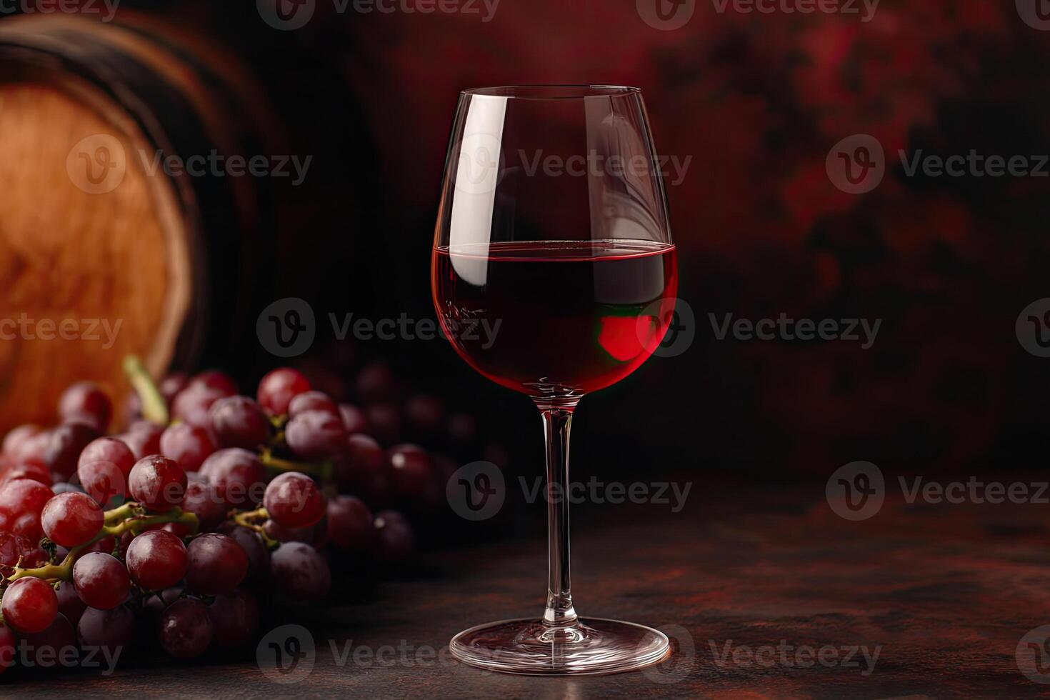 Red Wine in Glass with Grapes and Barrel photo