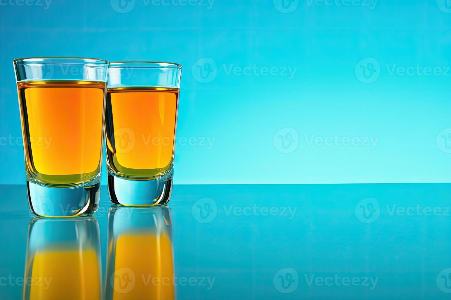 Two shot glasses filled with amber liquid on a reflective turquoise surface photo