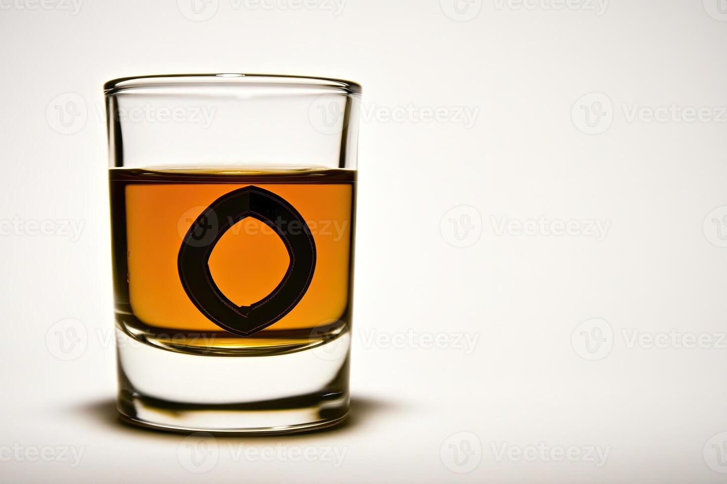 A shot glass filled with amber-colored liquid, featuring a black silhouette of an oval shape photo