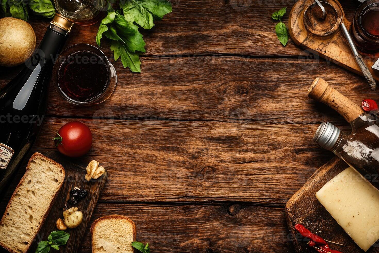 Various types of food and wine on a wooden table photo