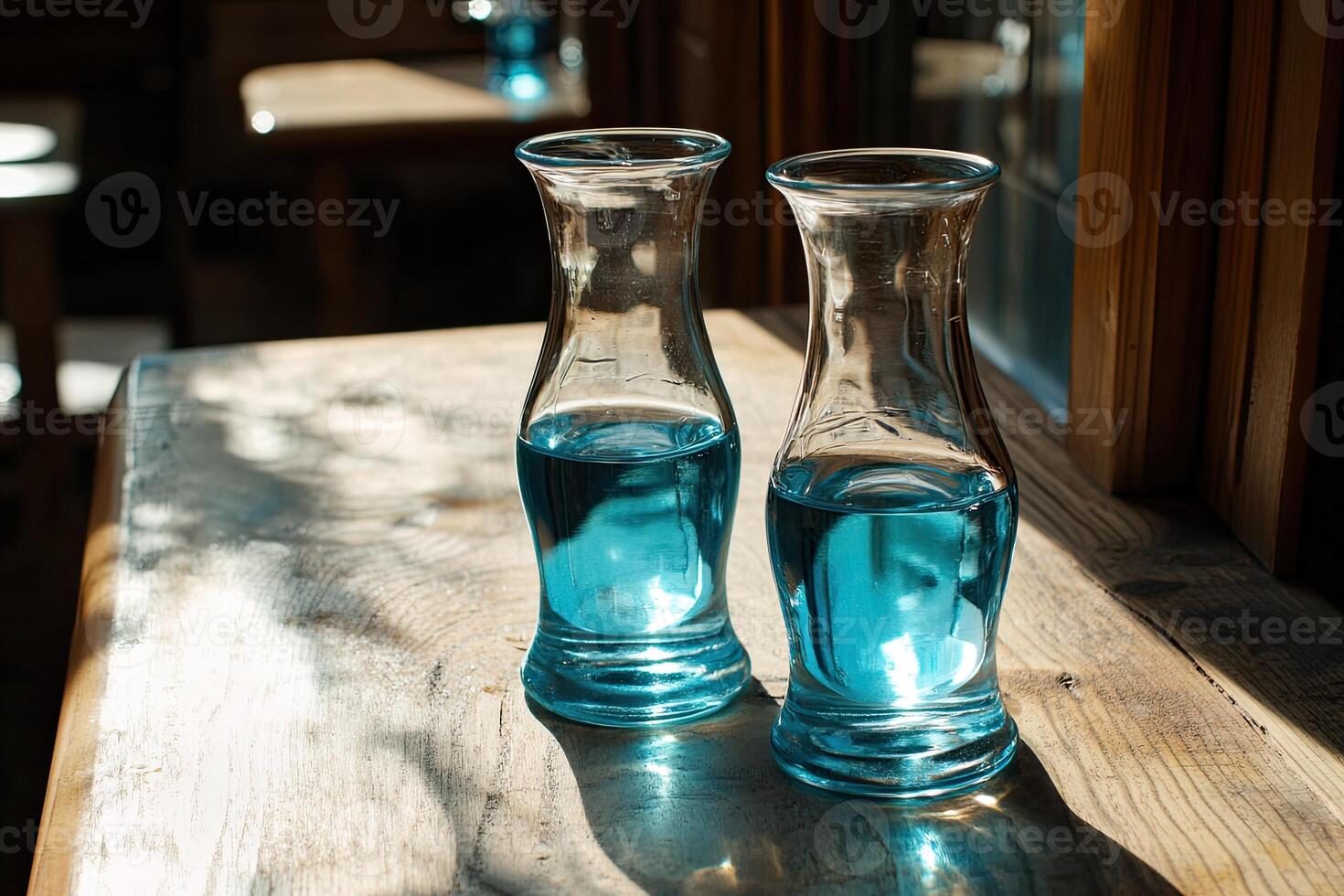 Two blue glass decanters on a wooden table photo