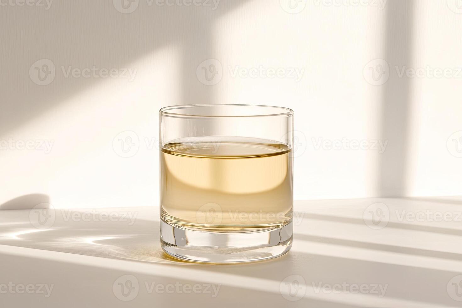 Clear glass tumbler with light yellowish liquid photo