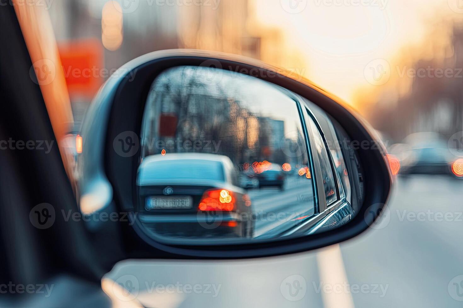 City traffic seen in a car side mirror at sunset photo