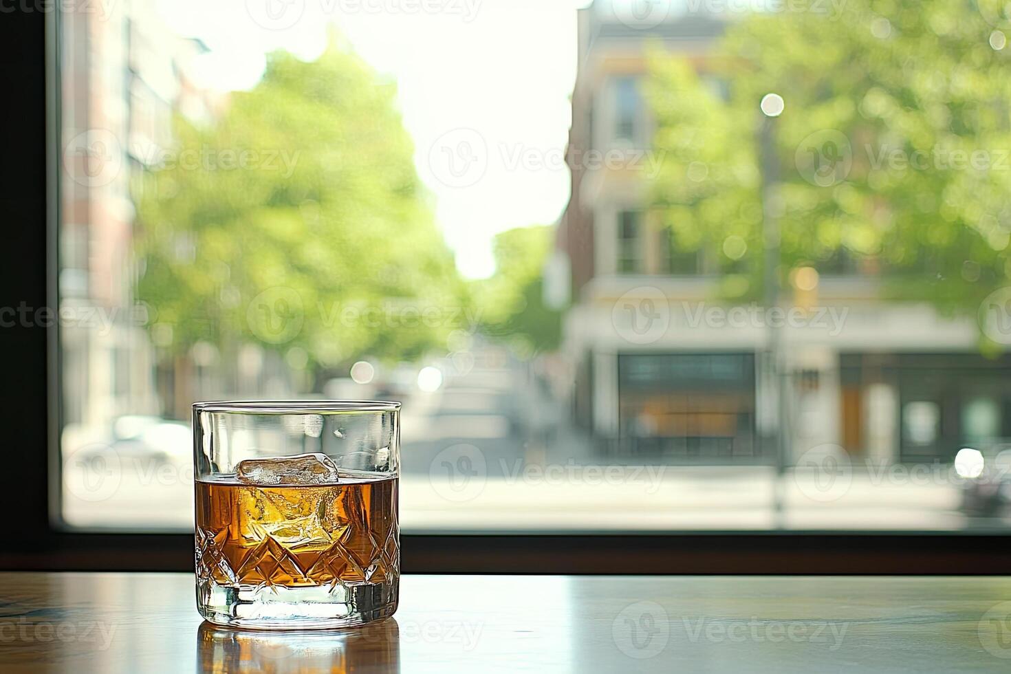 A glass of amber liquid with ice, on a bar, with a city view photo