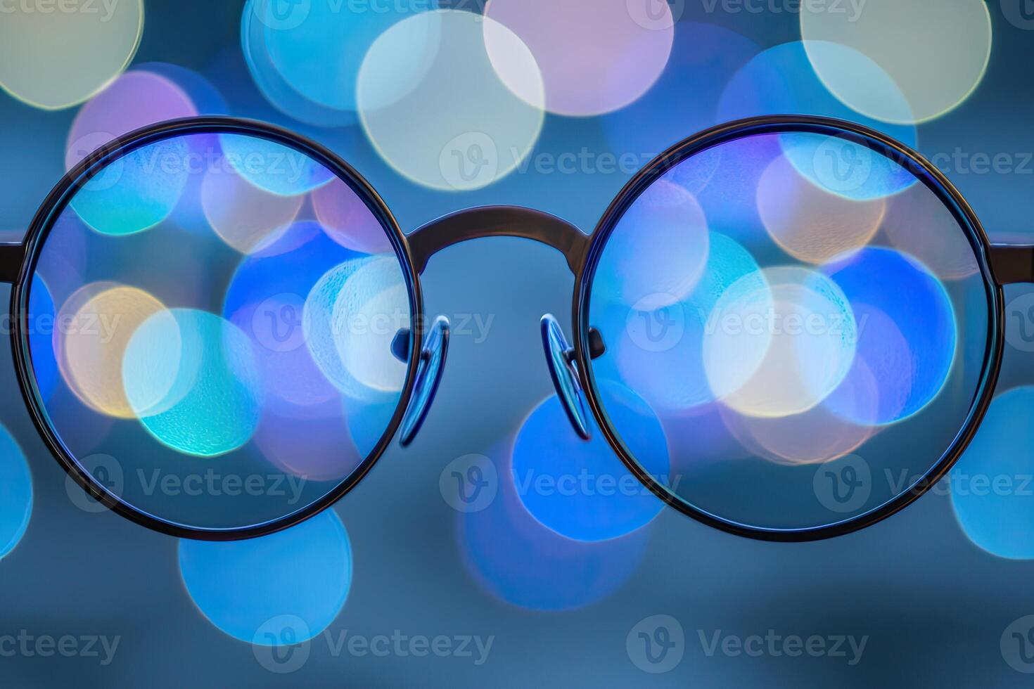 Round eyeglasses reflecting bokeh photo