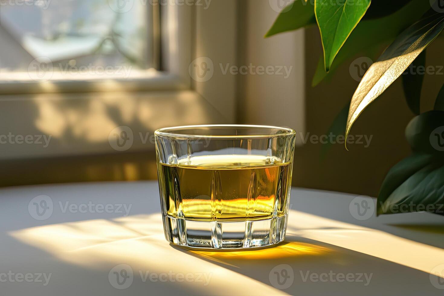 Golden liquid in a glass, bathed in sunlight photo