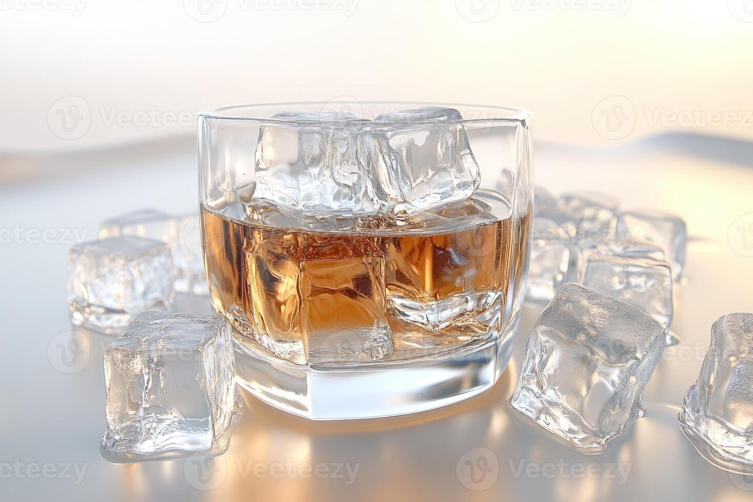 Glass of whiskey with ice cubes photo