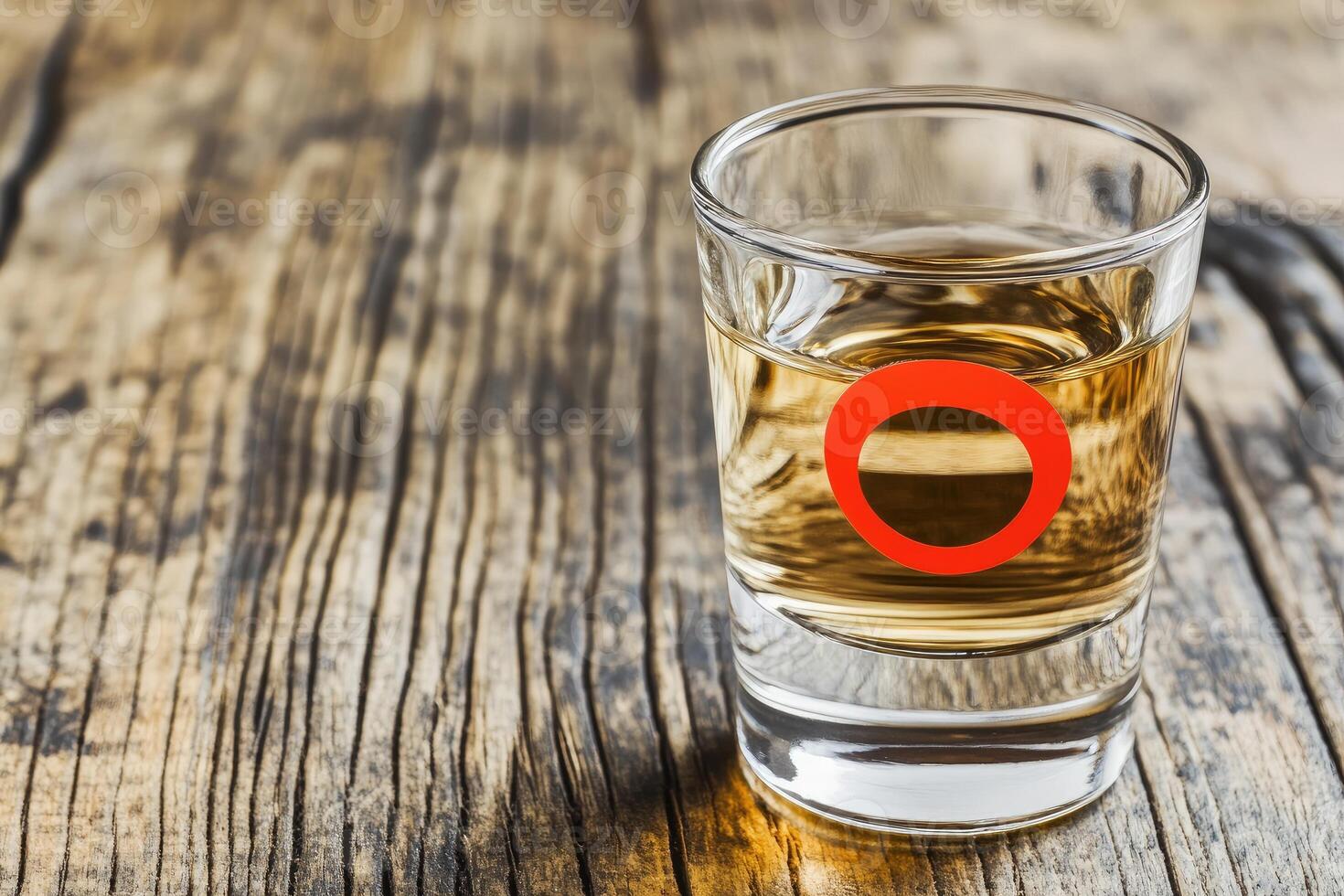 Small shot glass of amber liquid on wooden table photo