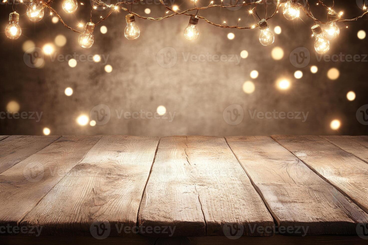 Rustic wooden table with warm string lights photo