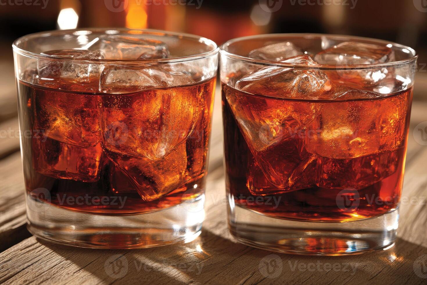 Two glasses of amber liquor with ice cubes photo