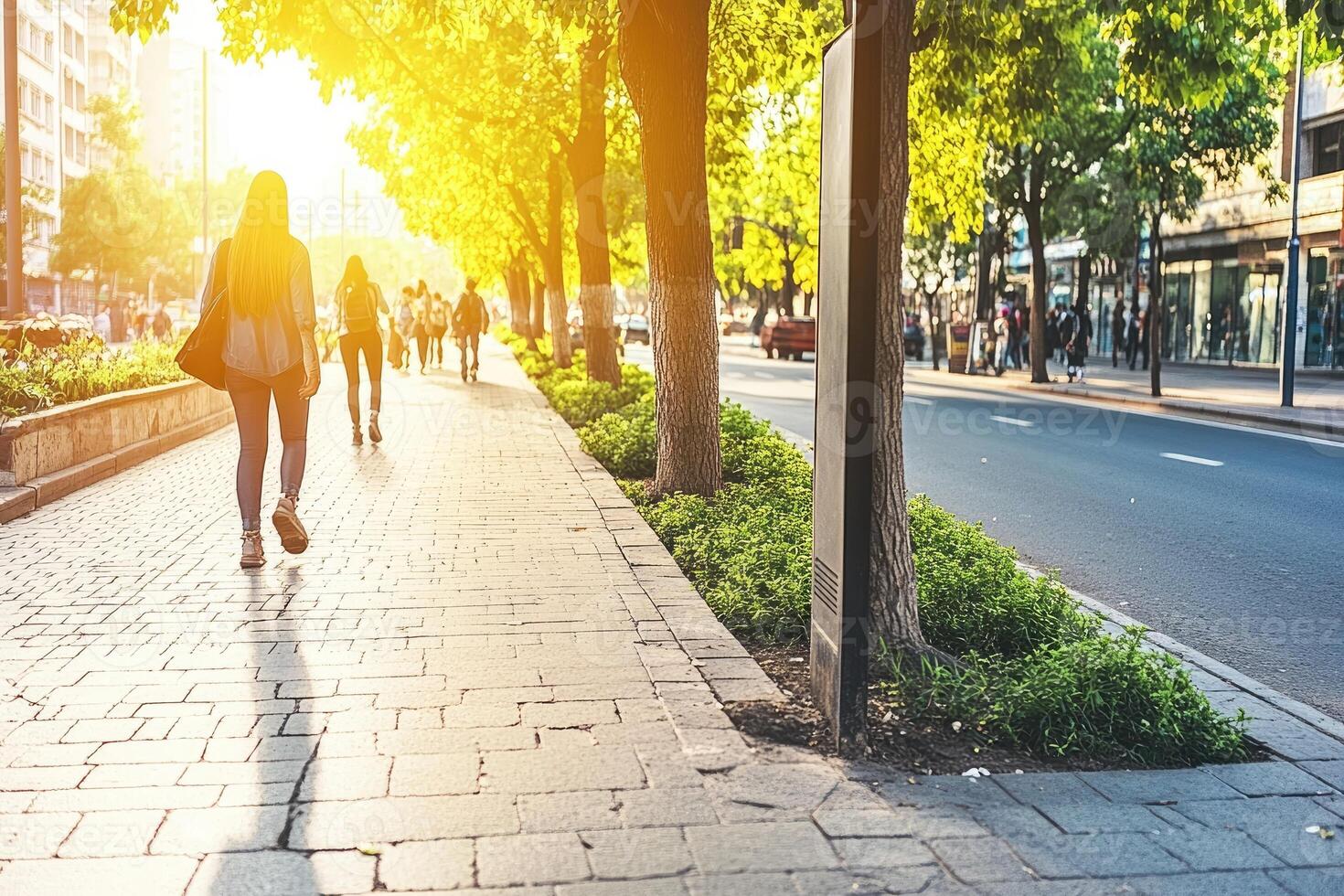 Busy city sidewalk at sunset. Pedestrians walk along a paved walkway lined with trees. Sunlight filters through the leaves, casting shadows on the ground. A city street with cars and shops is visible in the background photo