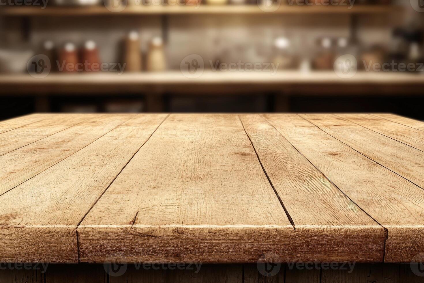 Empty wooden table top in a kitchen setting photo