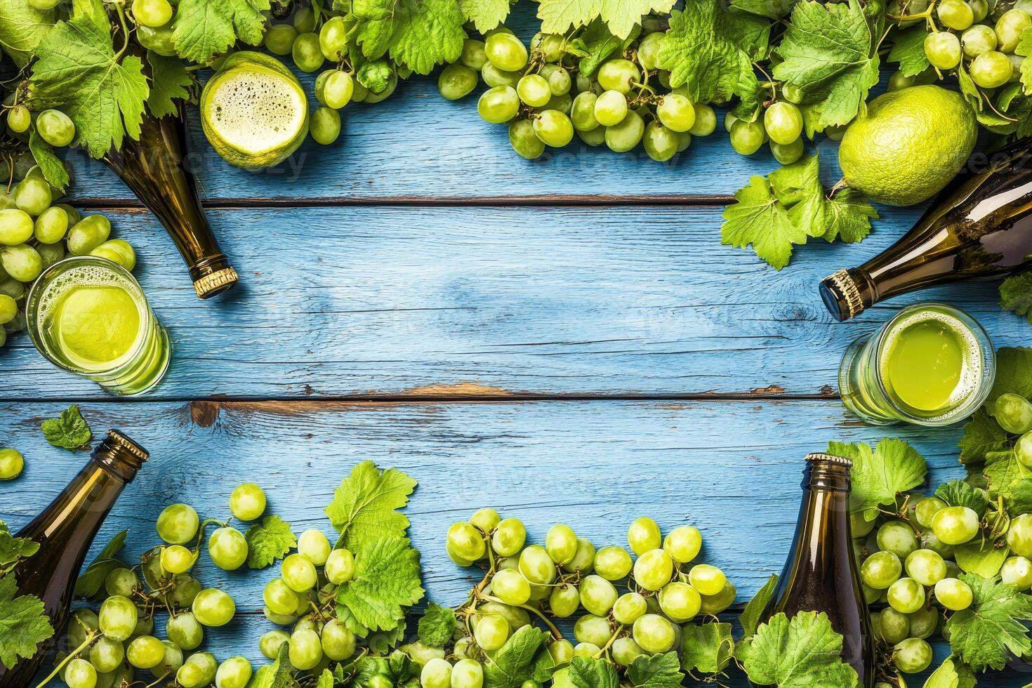 Fresh green grapes, vibrant drinks, and citrus fruits arranged on a rustic wooden surface photo