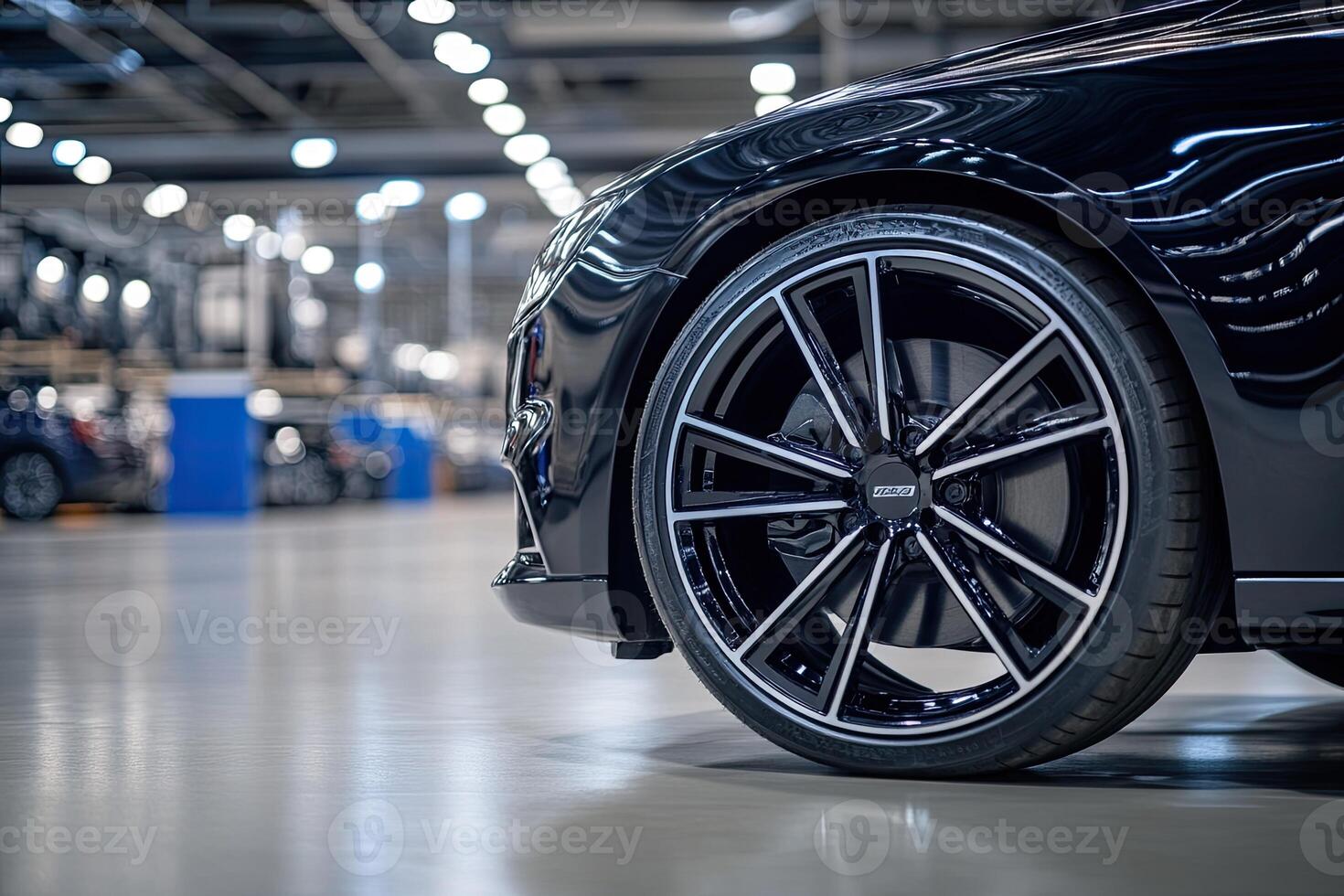 Sleek black car wheel in a modern facility photo