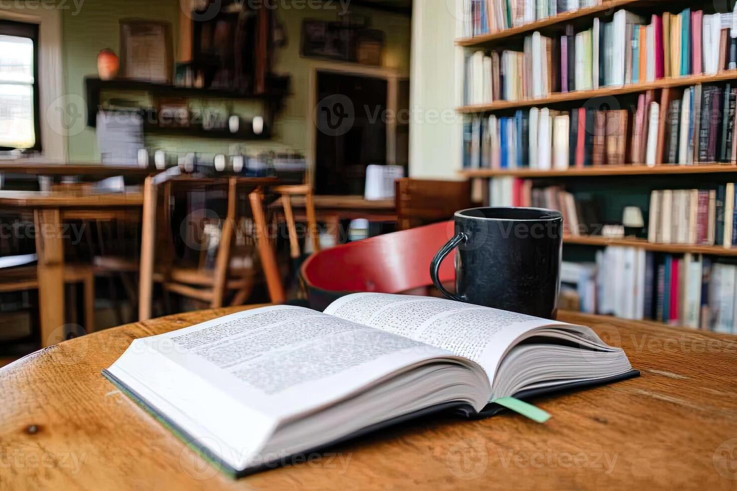 Open book on a table in a cozy library cafe photo