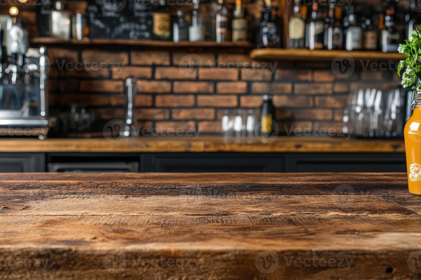 Rustic bar counter with a wooden surface photo