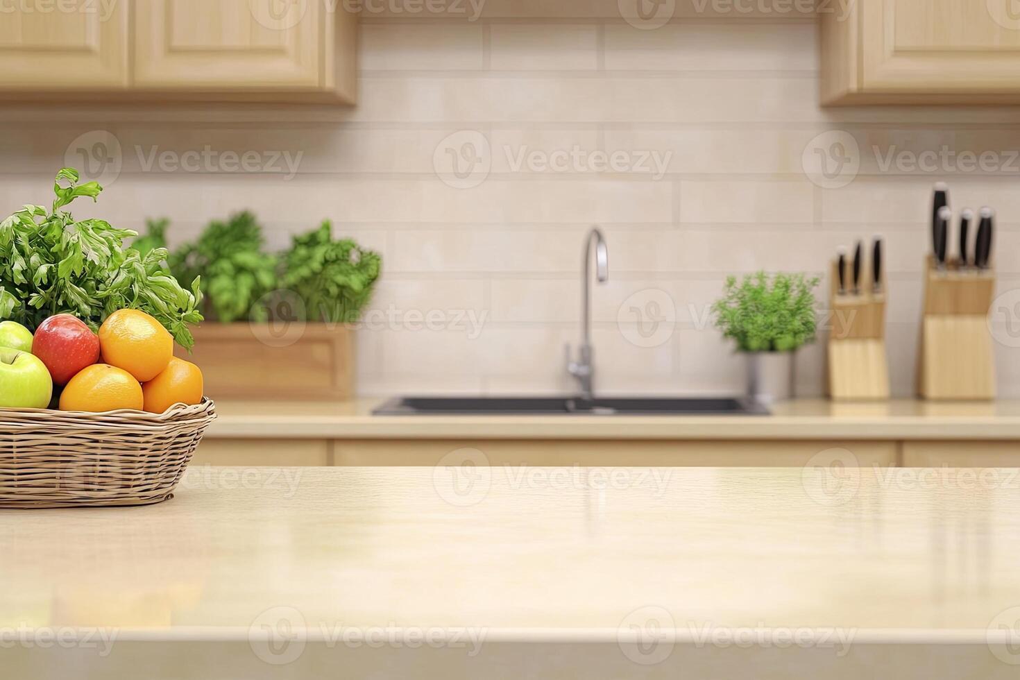 Fresh fruits and herbs on kitchen counter photo