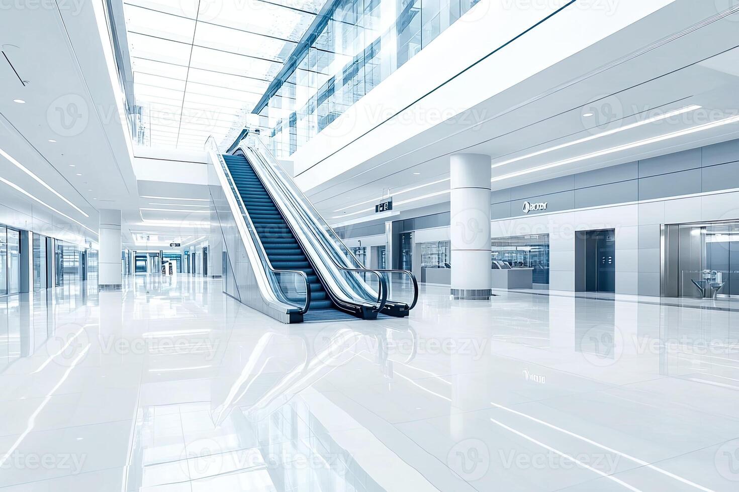 Modern, spacious interior mall hallway with escalator photo