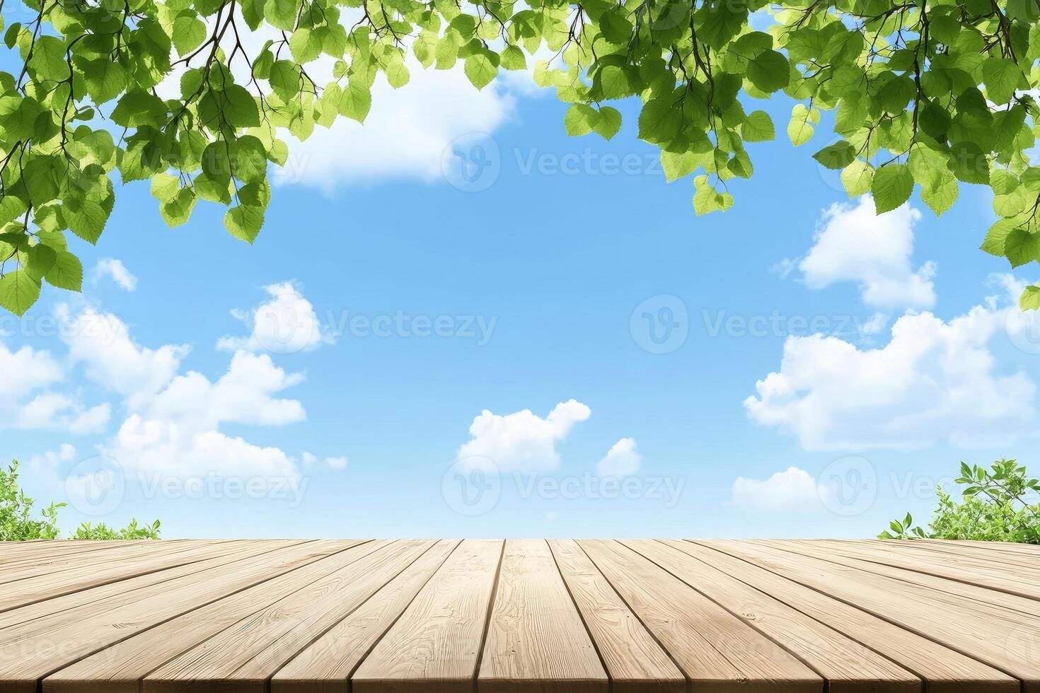 Wooden deck under a vibrant summer sky photo