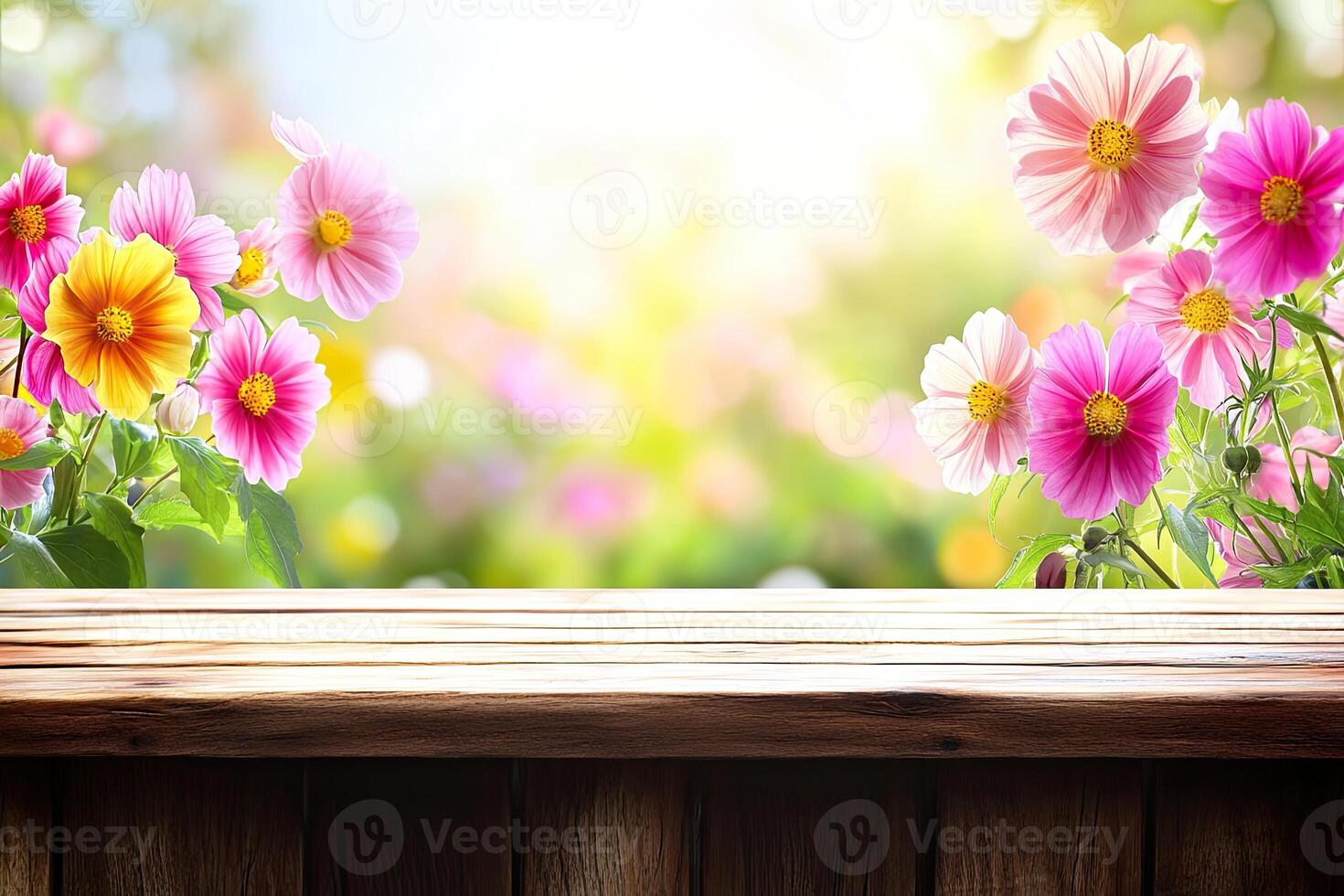 Wooden table in a garden of colorful flowers. Sunlight filters through the blossoms, creating a vibrant and peaceful atmosphere photo