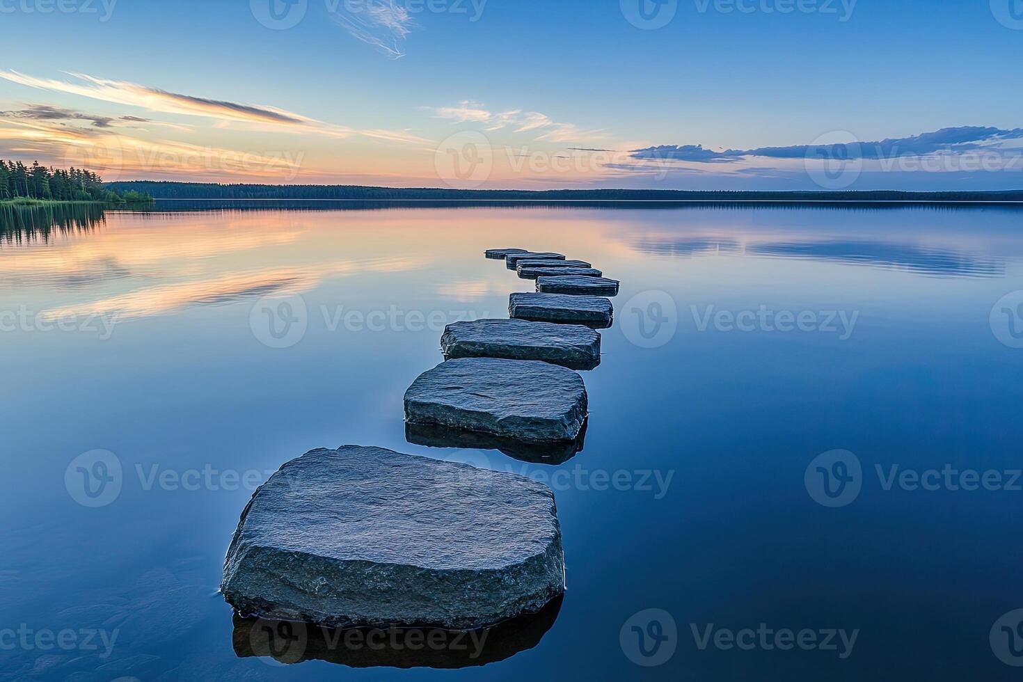 Peaceful stone path across a tranquil lake at sunset photo