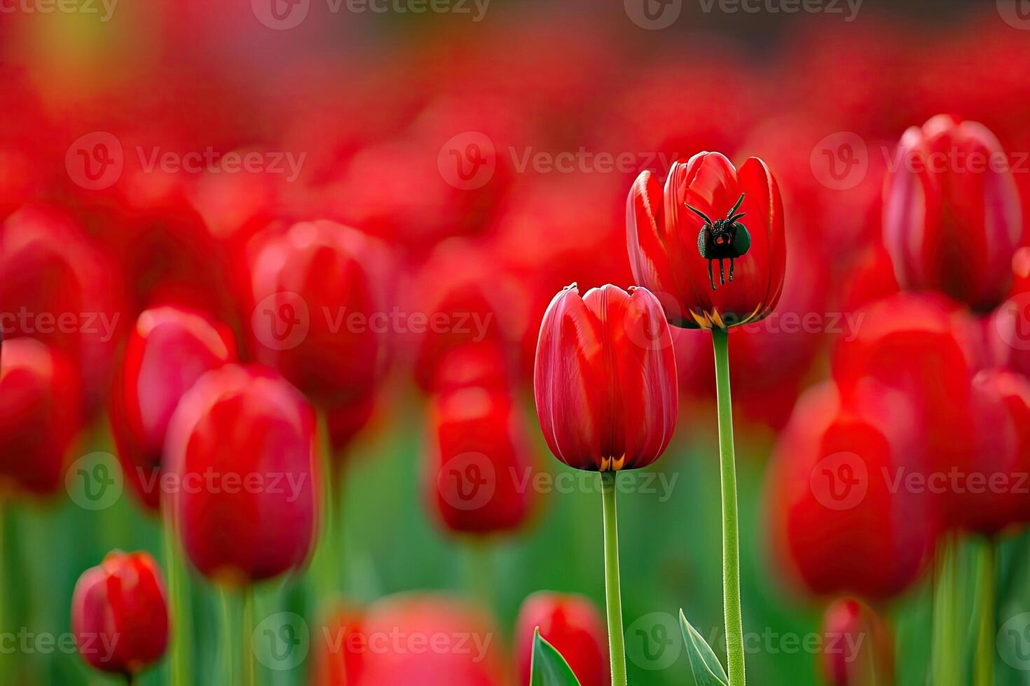 Tiny dark creature hides within red tulips photo