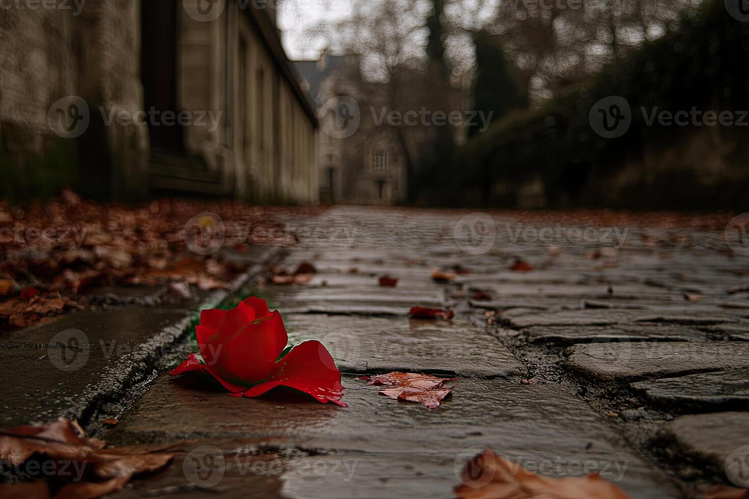 Lonely red rose on a cobbled path photo