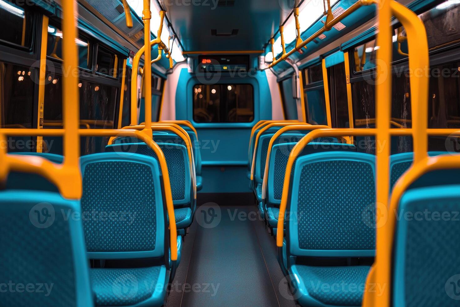 Empty bus interior, teal and yellow seats photo