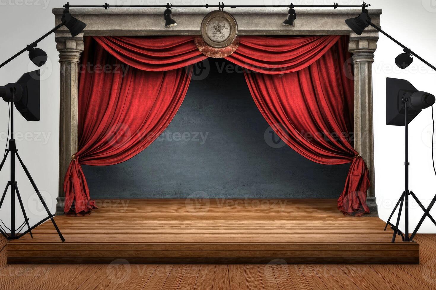 Empty stage with red curtains and ornate backdrop photo