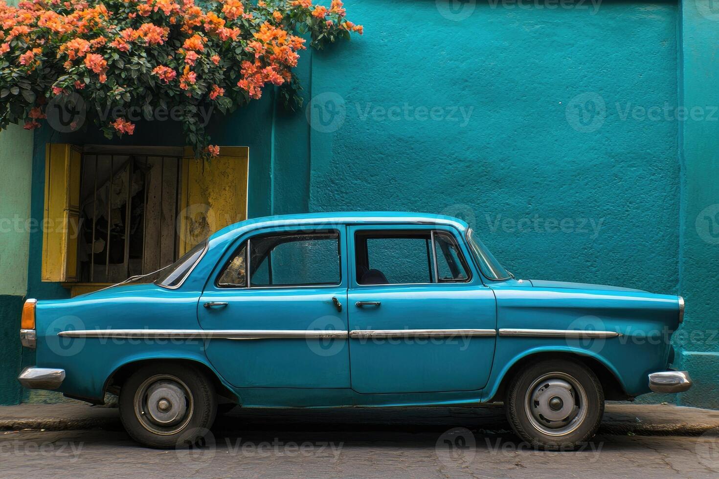 Classic Turquoise Car in a Vibrant Street Scene photo