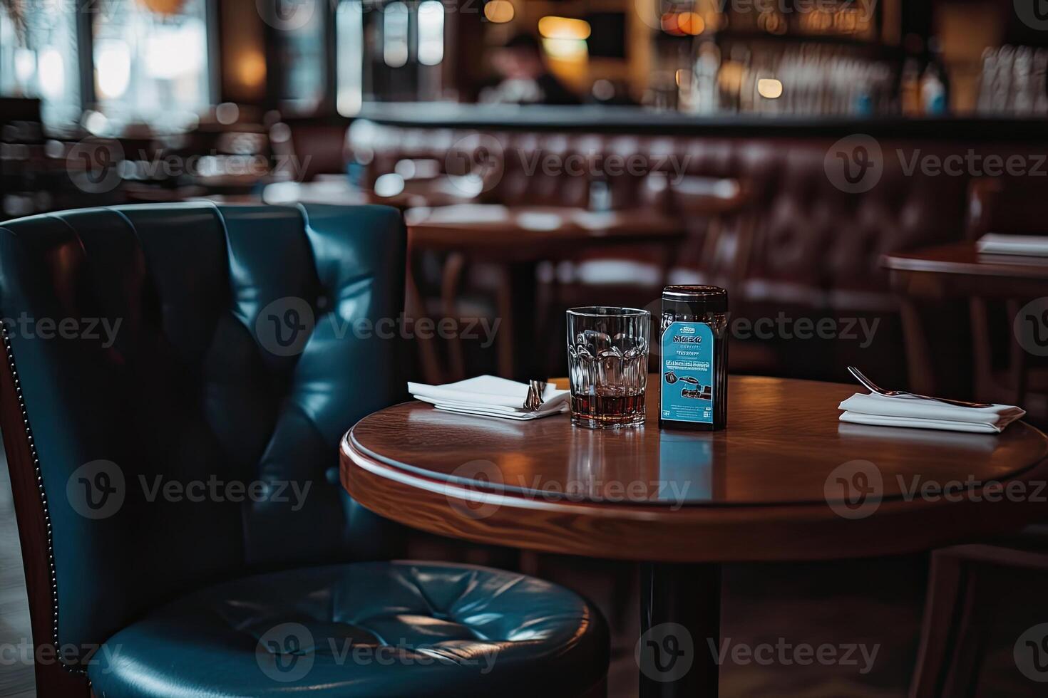Empty restaurant table in a dimly lit interior photo