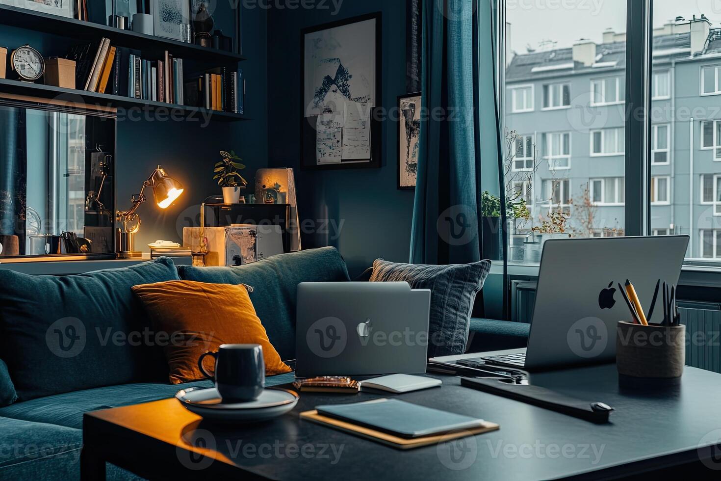 Cozy home office with warm lighting and a view photo