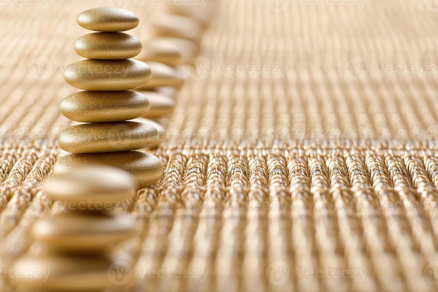 Golden stones balanced in a precise row on a textured surface photo