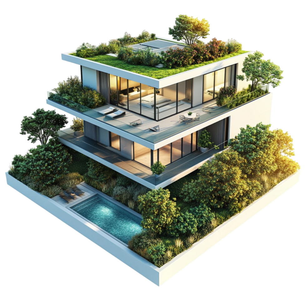 Modern House With Green Roof png