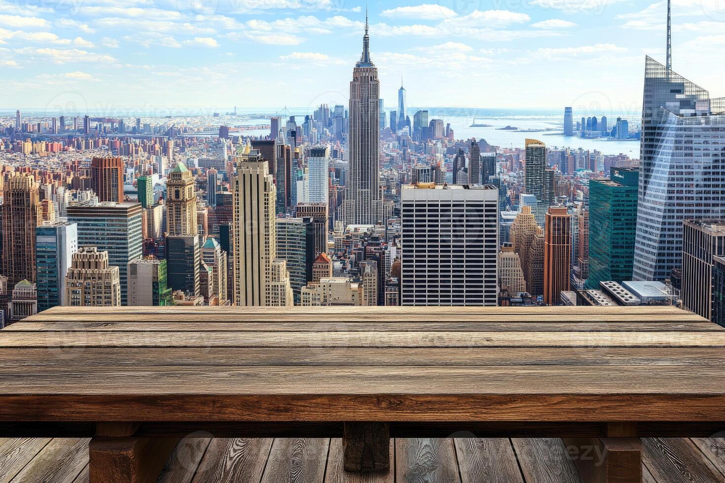 Empty wooden table overlooking New York City skyline photo