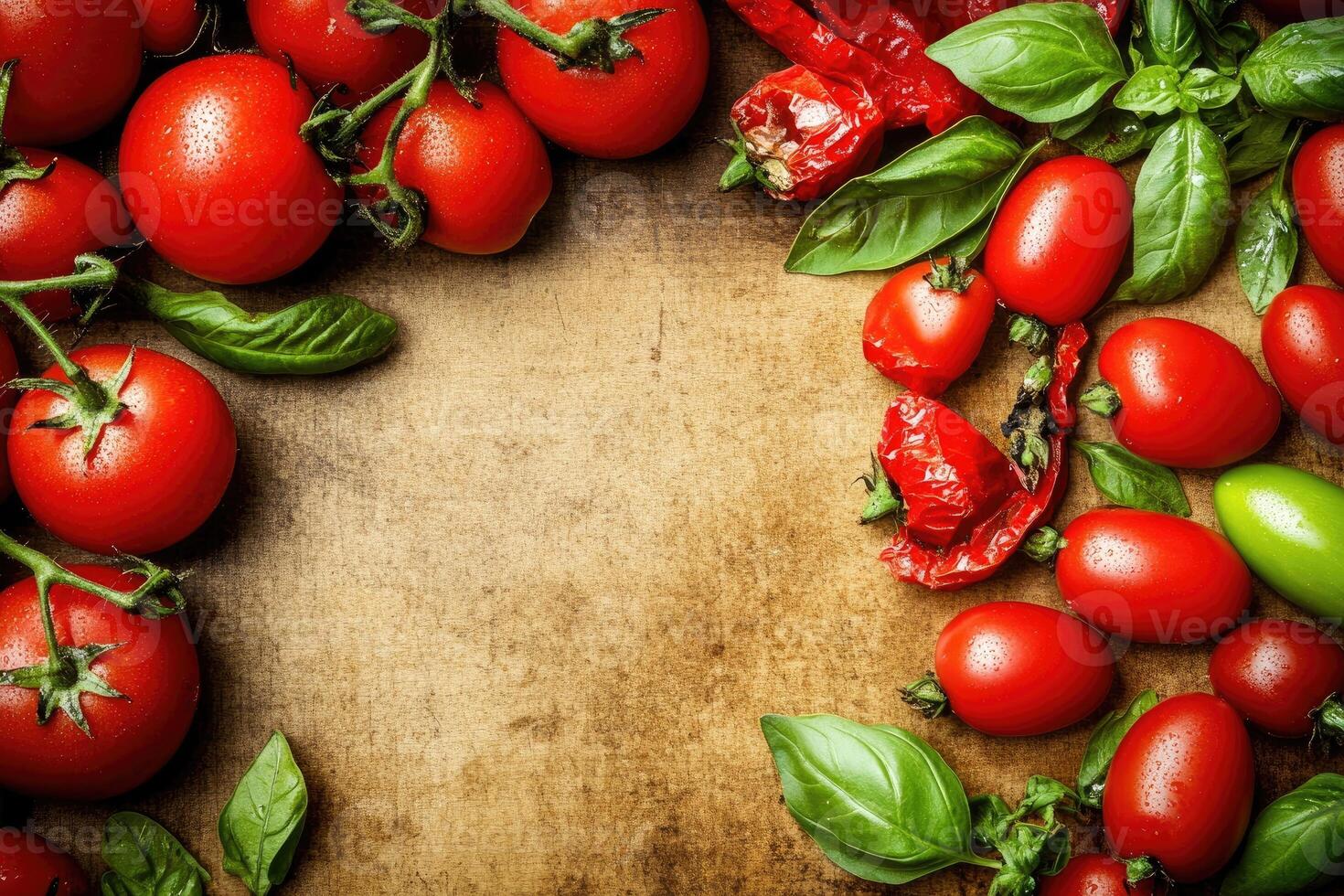 Fresh tomatoes and dried chili peppers with basil photo