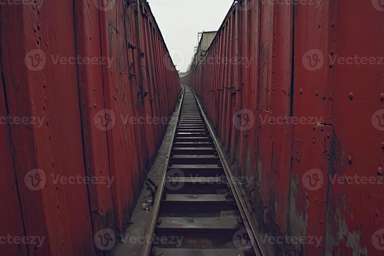 A narrow passageway between red train cars photo