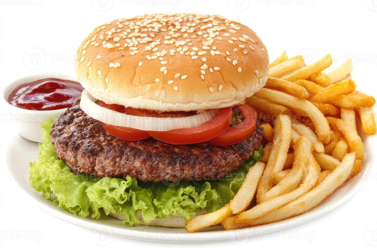 Classic burger with fries and sauce photo