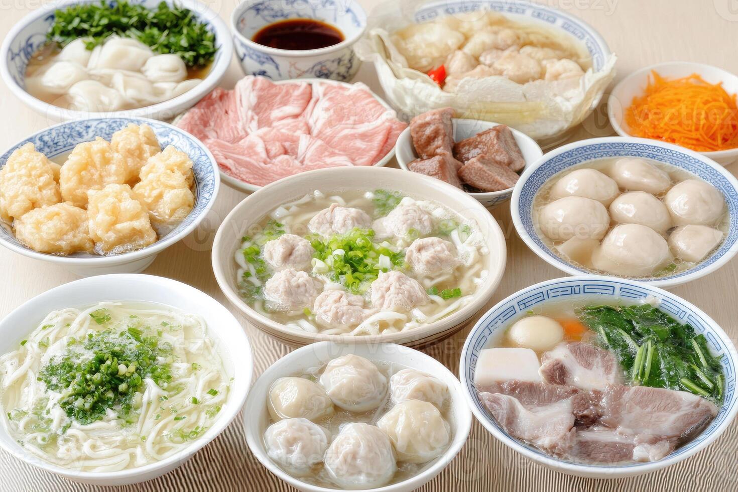A variety of bowls of food including meat, vegetables and noodles photo
