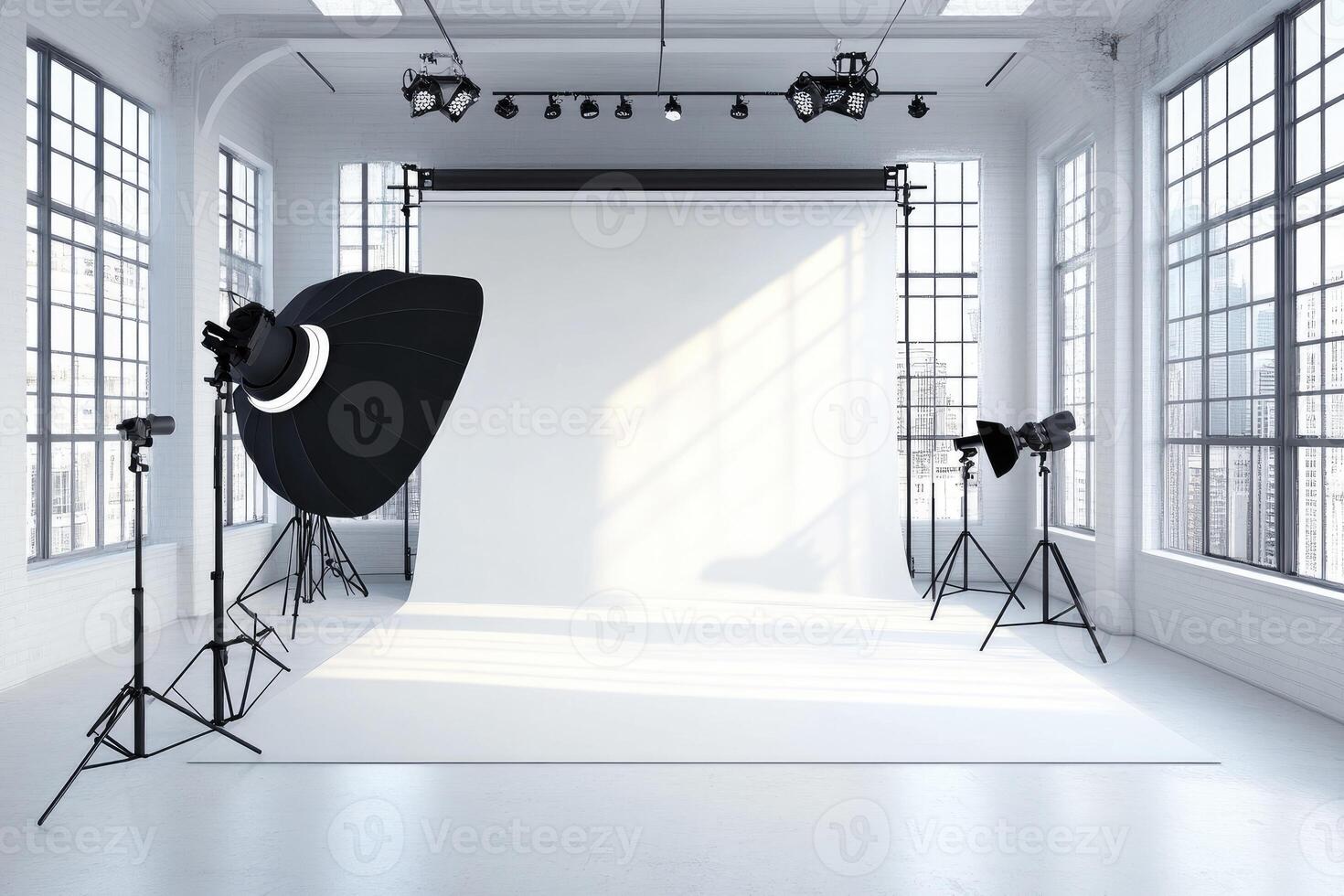 Modern photography studio with white backdrop and lighting equipment photo