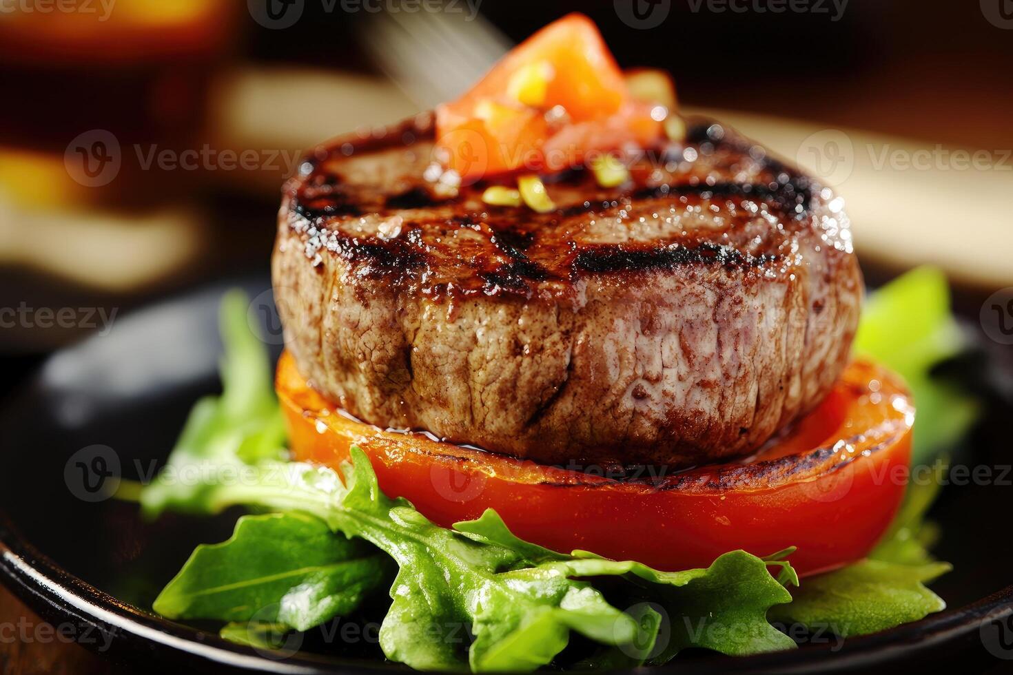 Grilled steak topped with tomato, served on a bed of arugula photo