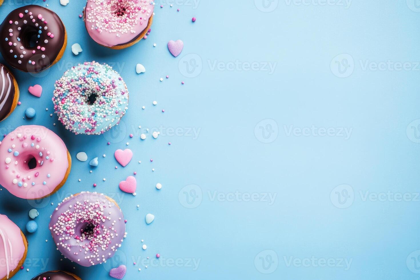 Colorful glazed donuts arranged on a light blue surface photo