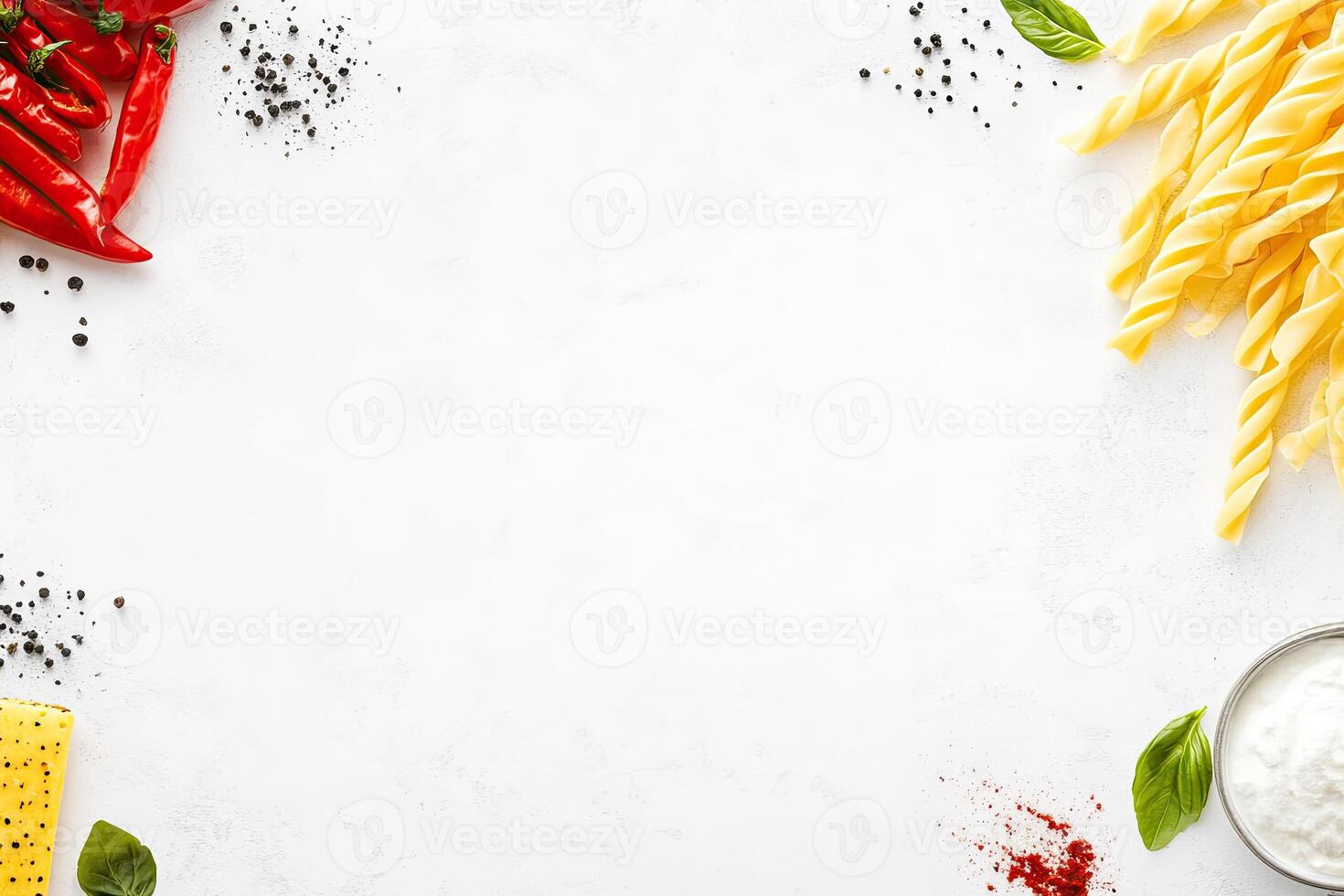 Food ingredients arranged on a white surface photo